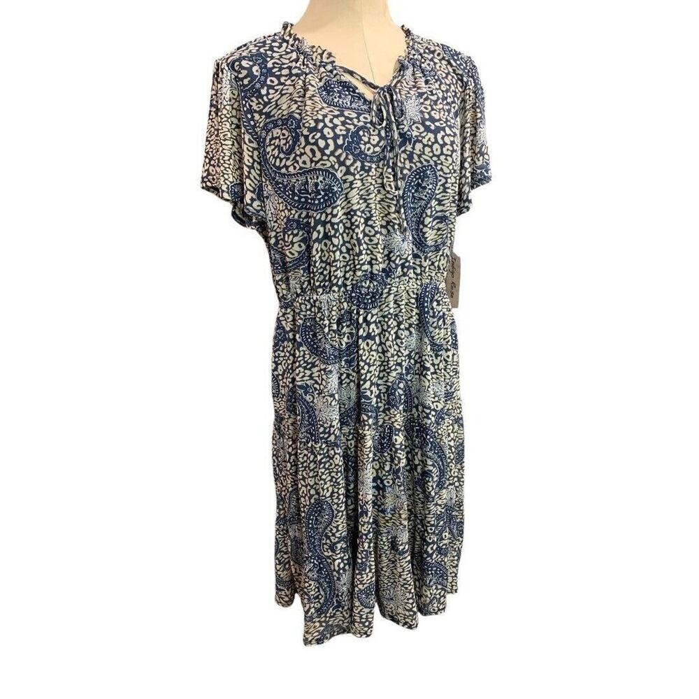 XL Indigo Rose New Paisley Print Boho Dress Elastic Waist Lined Stretch Fabric B
